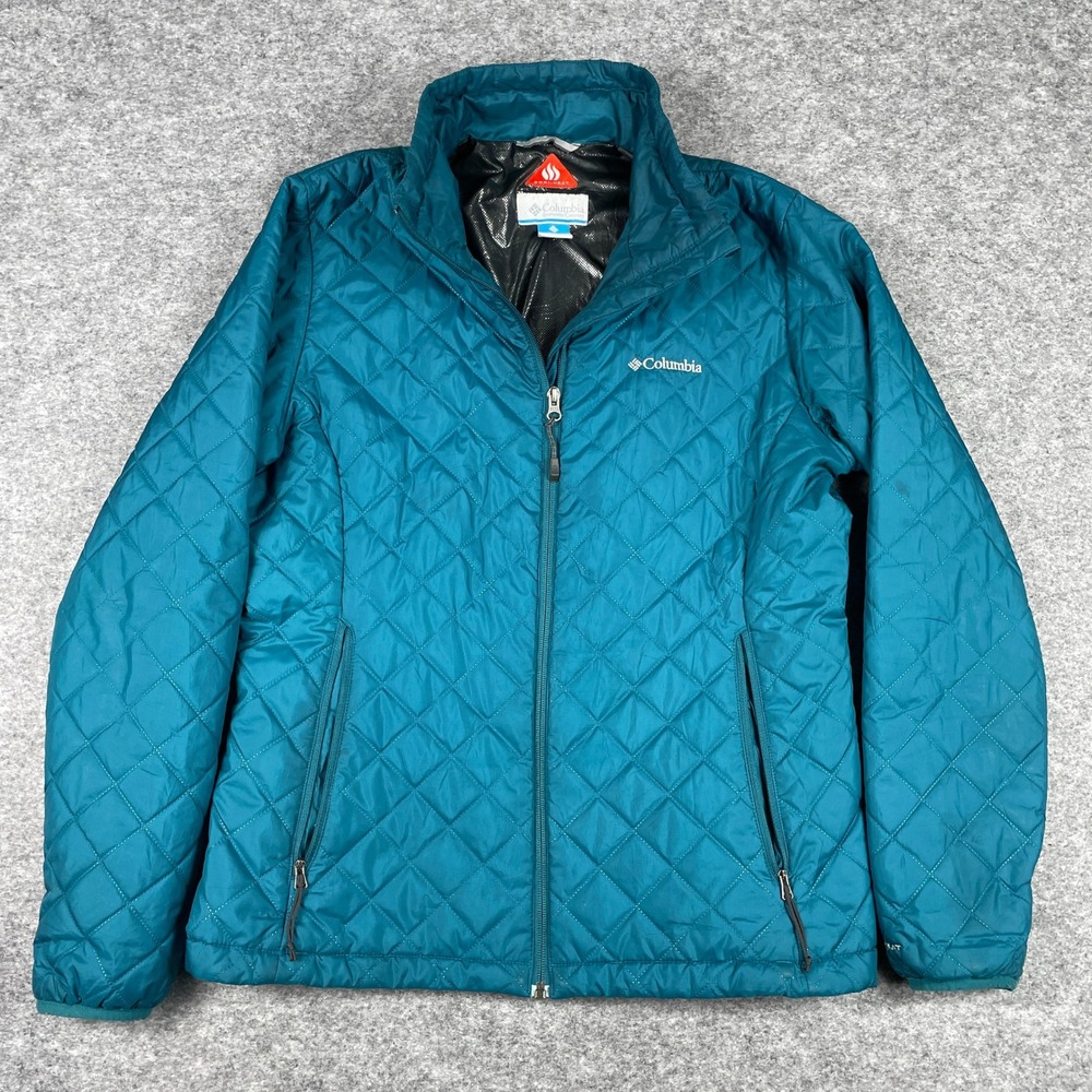 Columbia Puffer Jacket Womens L Teal Blue Omni-Heat Quilted Full Zip Outdoor
